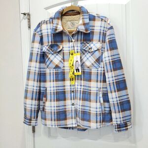 Sage Collective Fleece Faux Sherpa Lined Shacket Blue Brown Plaid Shacket NWT,SM